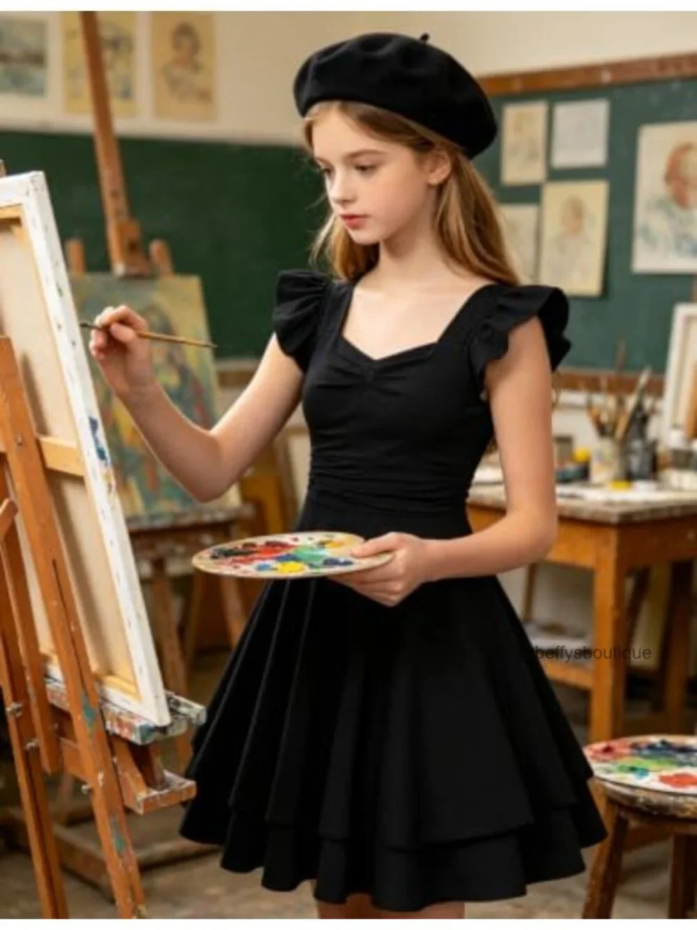 Girls Ruffle Sleeve A-Line Dress Square Neck Pleated Hem Graduation Formal Party